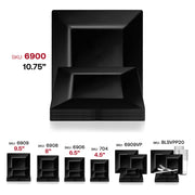 Sleek and modern black plastic dinner plates, square shape, 10.75 inches