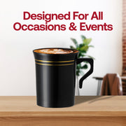 Sleek and modern black round plastic coffee mugs, 8-ounce capacity, gold edge rim detail, sold as a 120-pack