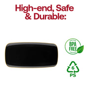 Sleek black and gold rectangular plastic plates with a flat raised edge design, 10.6x5 inches, pack of 120.