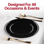 Sleek black flat round disposable plastic plates, 8.5-inch size, perfect for serving salads and appetizers, pack of 120