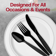 Sleek black plastic knives with a modern design, ideal for fancy table settings, upscale events, and catered meals