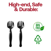 Sleek black plastic serving forks with a contemporary design, enhancing table presentations at any event