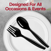 Sleek black plastic serving forks with a contemporary design, enhancing table presentations at any event
