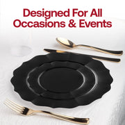 Sleek black round dinner plates with a lotus motif, crafted from plastic, 10.25 inches wide, ideal for hosting events