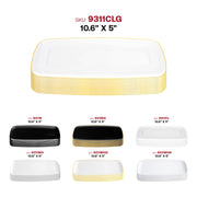 Sleek clear and gold rectangular plastic plates with a flat raised edge design, 10.6x5 inches, 120-pack