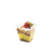 Sleek clear plastic mini verrine sample cube cups, 2 oz capacity, 2" x 2" size, perfect for modern and stylish dessert servings, 240 cups per case.