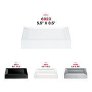 Sleek clear rectangular dessert plates, 5.5 x 8.5 inches, made of plastic, disposable