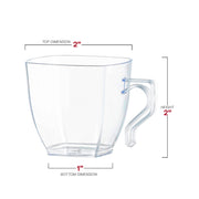 Sleek clear square plastic mini cups with a 2" x 2" design, 2 oz. capacity, stylish and practical for coffee tastings and tea samplings