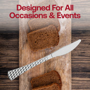 Sleek shiny silver disposable knives, 7.5-inch length, made of strong plastic, ideal for buffets, parties, and events