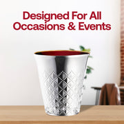 Sleek silver plastic Kiddush cups with an aluminum-style shine, 5 oz capacity, disposable and elegant, sold in a 300-pack
