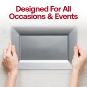 Sleek silver plastic rectangular dessert plates, 5.5 x 8.5 inches, sold in a bulk 120-count pack for stylish occasions