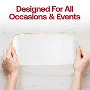 Sleek white and gold rectangular plastic plates with a flat raised edge design, 10.6x5 inches, sold as a set of 120