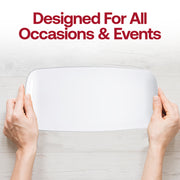 Sleek white and silver plastic plates, rectangular with flat raised edges and a decorative silver rim, 10.6x5 inches, sold in a 120-pack