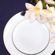 Sleek white organic round plastic dinner plates with a gold rim accent, 10.25-inch size, sold in a 120-count pac