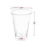 Small and stylish 1.75" x 2" clear square plastic shot glasses, 2 oz. capacity, great for drink tastings, espresso shots, and creative food presentations