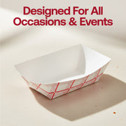 Small red checkered paper food boats served at a backyard picnic, charming disposable trays for sliders, fries, and appetizers.