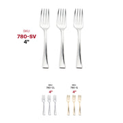 Small yet sturdy 4-inch shiny metallic silver plastic forks, disposable and stylish for serving appetizers, case of 960