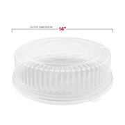 Snap-on plastic lids over clear 14-inch serving trays protect charcuterie and canapés during catering setup and delivery