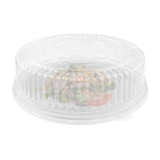 Snap-on tray lids protect cupcakes, cookies, and finger foods during transport, making these clear round plastic trays ideal for catering