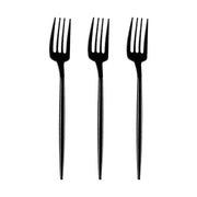 Three elegant Solid Black Moderno Disposable Plastic Dessert Forks with long, slender handles are neatly aligned side by side against a white background.