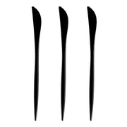 Three Solid Black Moderno Disposable Plastic Dinner Knives, BPA-free and featuring a sleek, modern design with a gently curved blade and a tapered handle, are evenly spaced in a vertical row against a white background.