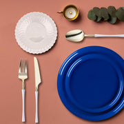 Solid Blue Flat Round Disposable Plastic Tableware Set arranged for a beachside gathering.