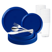 Solid Blue Flat Round Disposable Plastic Wedding Value Set, designed for an elegant and easy-to-clean table setting, perfect for weddings and special events