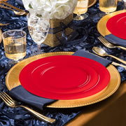 Solid Red Holiday Round Disposable Plastic Wedding Value Set, SKU 110RVS20, includes 10.25" dinner plates, 7.5" appetizer plates, 7.25" forks, 8" knives, 6.25" spoons, and 4.5" cups
