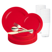 Solid Red Holiday Round Disposable Plastic Wedding Value Set with gold cutlery, featuring a vibrant red design with elegant gold cutlery, perfect for adding a festive touch to your holiday celebrations