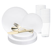 Solid White Organic Round Disposable Plastic Wedding Value Set, boasting a sleek and immaculate white design, ideal for creating a minimalist yet elegant table setting for any occasion