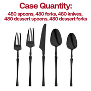 Solid black Moderno disposable plastic cutlery set, bulk case quantity of 480 pieces for large events