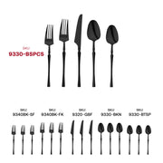 Solid black Moderno disposable plastic cutlery set featuring forks, knives, spoons, and dessert utensils, stylish and durable for events