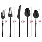 Solid black Moderno disposable plastic cutlery set including forks (8.4"), knives (8.8"), spoons (8.1"), dessert forks (7"), dessert spoons (7")