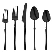Solid black Moderno disposable plastic cutlery set including forks, knives, spoons, dessert forks, and dessert spoons