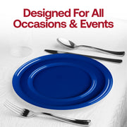 Solid blue flat round disposable plastic plates, 10-inch diameter, durable and lightweight, perfect for catering, 120-pack