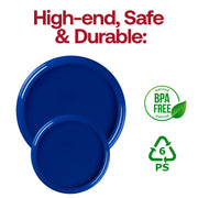 Solid blue round appetizer and salad plates, 8.5 inches in diameter, flat and disposable, crafted from plastic, BPA-free