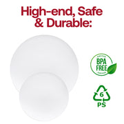 Solid white disposable plastic salad plates, 7.5-inch diameter, round shape with smooth edges, pack of 120