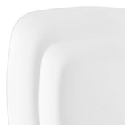 Solid white flat rounded square disposable dinnerware set with 120 dinner plates and 120 salad plates, ideal for modern event settings
