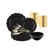 Sophisticated Black Round Lotus tableware set featuring gold utensils, ideal for upscale dining occasions