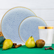 Sophisticated Clear Blue Hammered Glass Tableware Set with gold flatware for luxurious disposable dining.