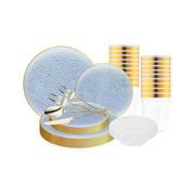 Sophisticated Clear Blue Hammered Glass Tableware Set with gold flatware for luxurious disposable dining