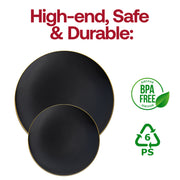 Sophisticated black disposable plates with a sleek gold rim and organic round design, 7.5-inch diameter, 120-pack