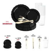 Sophisticated celebration setup showcasing the Black Vintage Rim Round Disposable Plastic Wedding Value Set in a luxurious banquet setting.