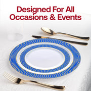 Sophisticated dinner plates in white with a blue rim and gold spiral pattern, 10.25-inch size, disposable, available in a 120-pack