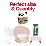 Sophisticated disposable set featuring pink plates with gold accents, hunter green napkins, and clear cups for refined celebrations.