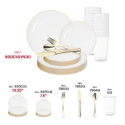 Sophisticated disposable table set styled with clear plates, 12 oz cups, and gold flatware for reception