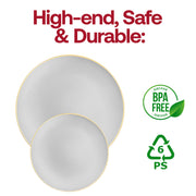 Sophisticated gray disposable plates with a sleek gold rim and organic round design, 7.5-inch diameter, 120-pack