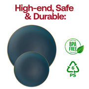 Sophisticated navy disposable plates with a sleek gold rim and organic round design, 7.5-inch diameter, 120-pack