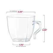 Space-saving clear plastic coffee mugs with a square design and 8 oz capacity, conveniently stackable for easy storage,  measuring 3.25”x3.25”