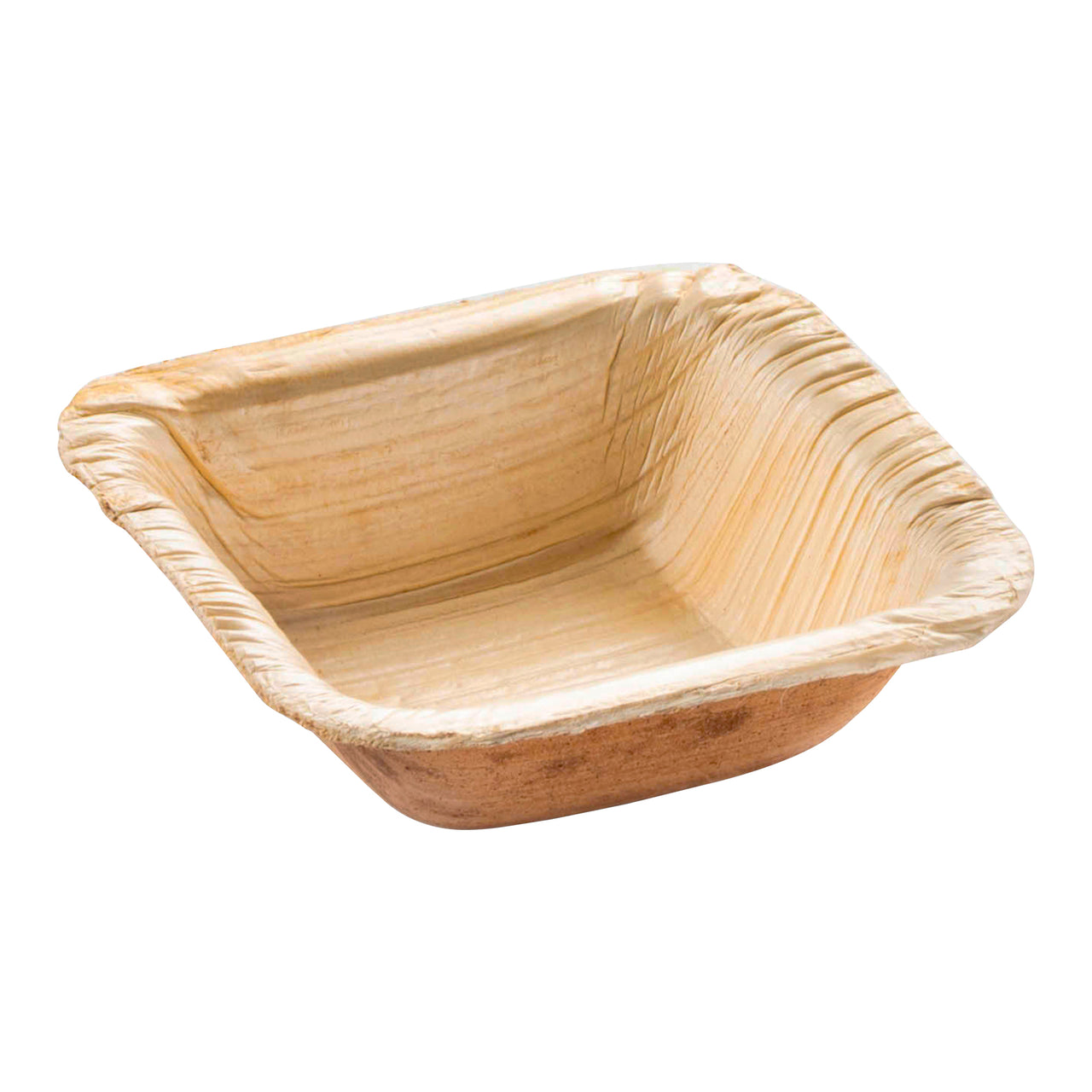 A square, eco-friendly mini disposable bowl made from natural materials with a brown, wood-like texture. The edges are slightly curved, giving the bowl a rustic appearance. Ideal for serving food in a sustainable manner, these Square Palm Leaf Eco Friendly Mini Disposable Bowls (1.5 oz.) complement palm leaf plates for an elegant, eco-conscious setting.